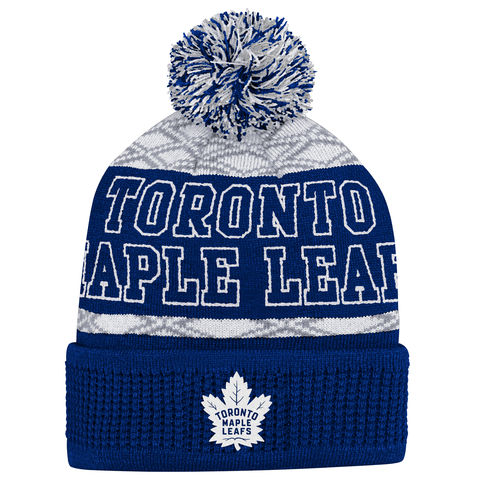Maple Leafs Youth Puck Pattern Cuffed Pom Toque