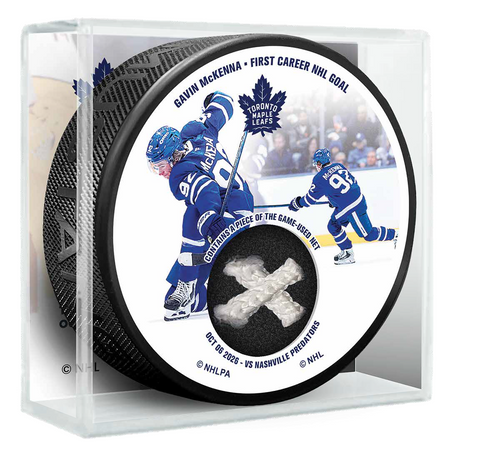Gavin McKenna First Career NHL Goal Puck With Piece of The Net